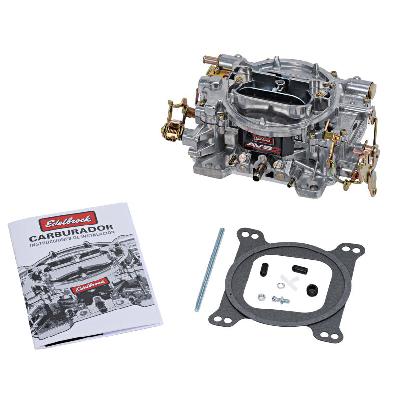 Edelbrock AVS2 500 CFM carburetor with manual choke in satin finish, designed for high-performance automotive engines.