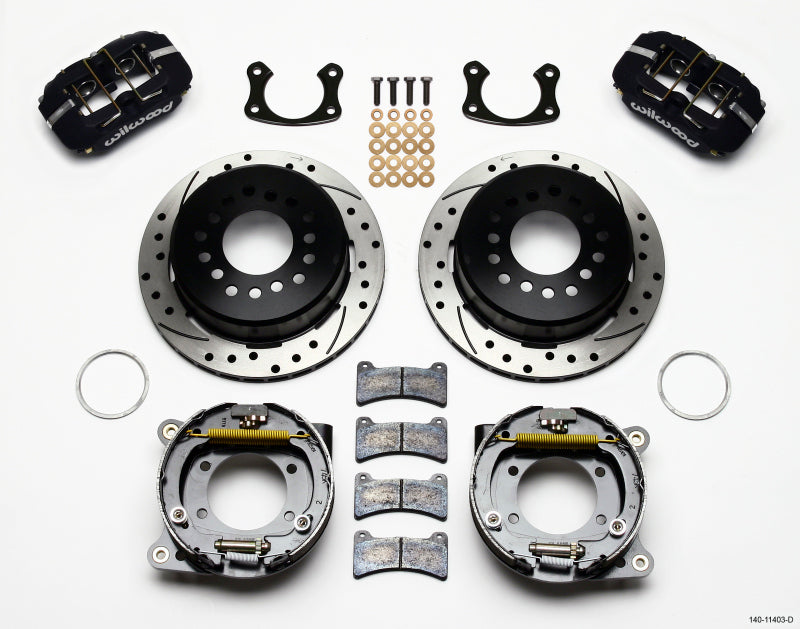Wilwood Dynapro low-profile 11-inch P-brake kit with drilled rotors, designed for small Ford vehicles with 2.50-inch offset.