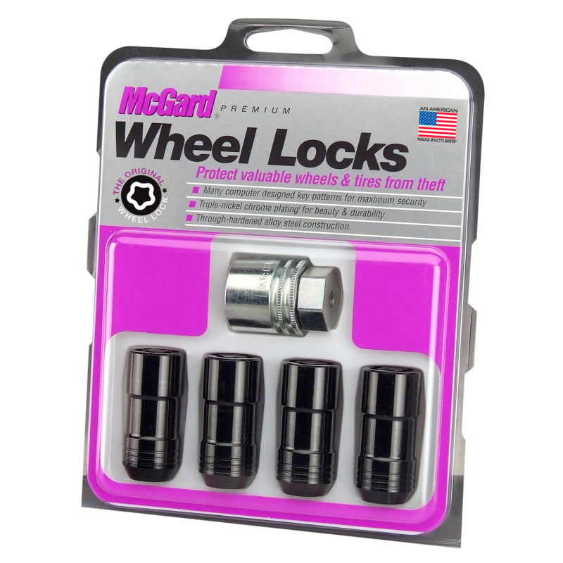 McGard black wheel lock nut set with four M14x2.0 cone seat lug nuts, 13/16 hex, 2.25-inch length for vehicle wheels