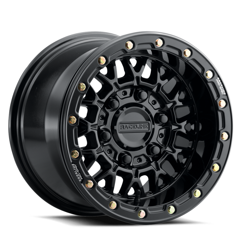 Raceline A15 Omega forged 15x10 inch gloss black wheel with 4x137 bolt pattern, 10mm offset, and 110.18mm bore.