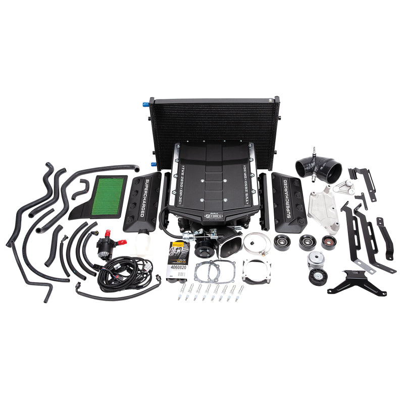 Edelbrock Supercharger Stage 1 Street Kit installed on a 2018 Ford Mustang GT 5.0L engine, showing the supercharger and intake components.