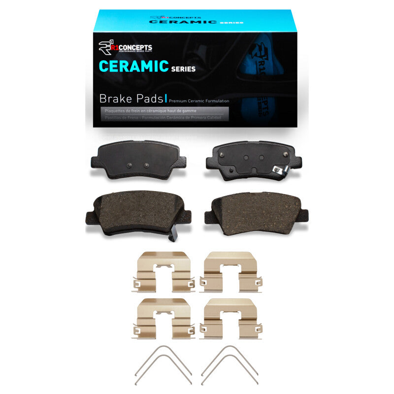 Rear ceramic brake pads and hardware kit for Hyundai Sonata R1 Concepts OE brake pads, shown with hardware components.