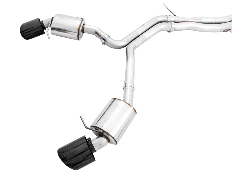 AWE Tuning Audi B9.5 RS 5 Coupe catback exhaust with RS-style diamond black tips, showcasing sleek black finish and polished tips.