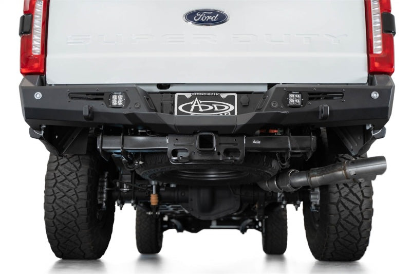 Addictive Desert Designs steel rear bumper for 2023-2024 Ford F-150 Super Duty, rugged off-road bumper with a robust design.