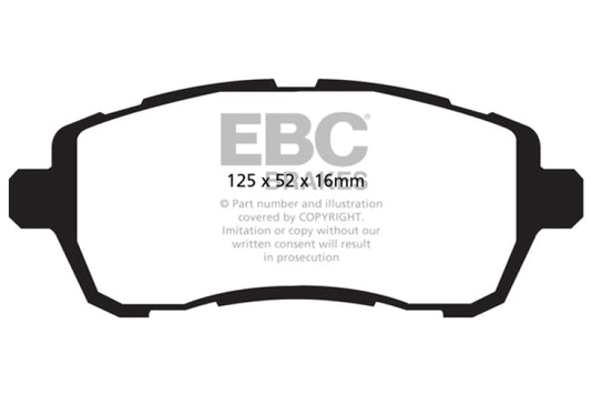 EBC Greenstuff front brake pads for Ford Fiesta 1.6, performance brake pads for non-ST/non-turbo models, view of new brake pad set