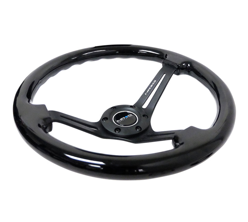 NRG reinforced 350mm deep steering wheel with black wood finish, matte black spokes, and black center mark for racing or car customization