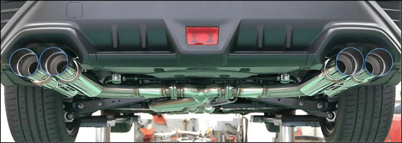 HKS Legamax Sport catback exhaust system installed on a 2021 Subaru WRX, showcasing polished stainless steel pipes and exhaust tips.