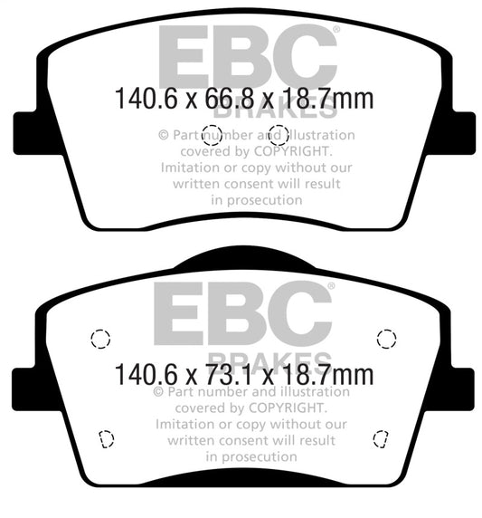 EBC Greenstuff front brake pads for Volvo XC40 T4 2018+ performance braking system, showing the brake pad components.