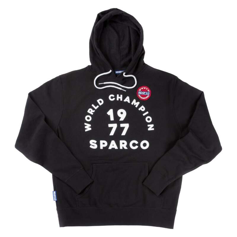 Black Sparco hooded sweatshirt in small size with front pocket and adjustable drawstrings, casual and comfortable activewear.