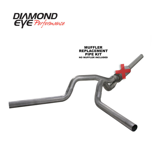 Diamond Eye Performance Catback exhaust pipe for 2004.5-2007.5 Dodge Cummins dual stainless steel replacement pipe, front view.
