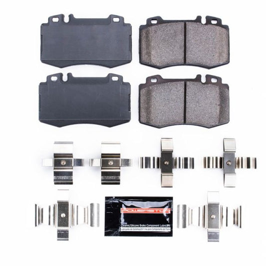 PowerStop Z23 Evolution sport front brake pads with hardware for Mercedes-Benz C32 AMG, high-performance brake replacement.