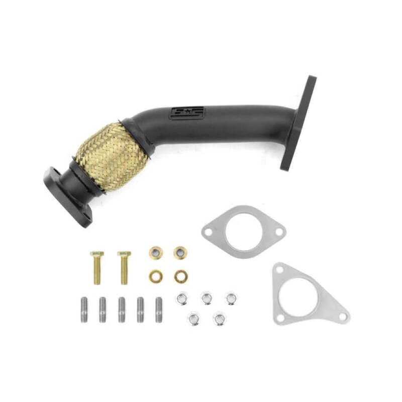 Black ceramic coated GrimmSpeed 04-21 Subaru STI EJ25 2-bolt up-pipe connecting pipe showing polished metal finish and automotive details.