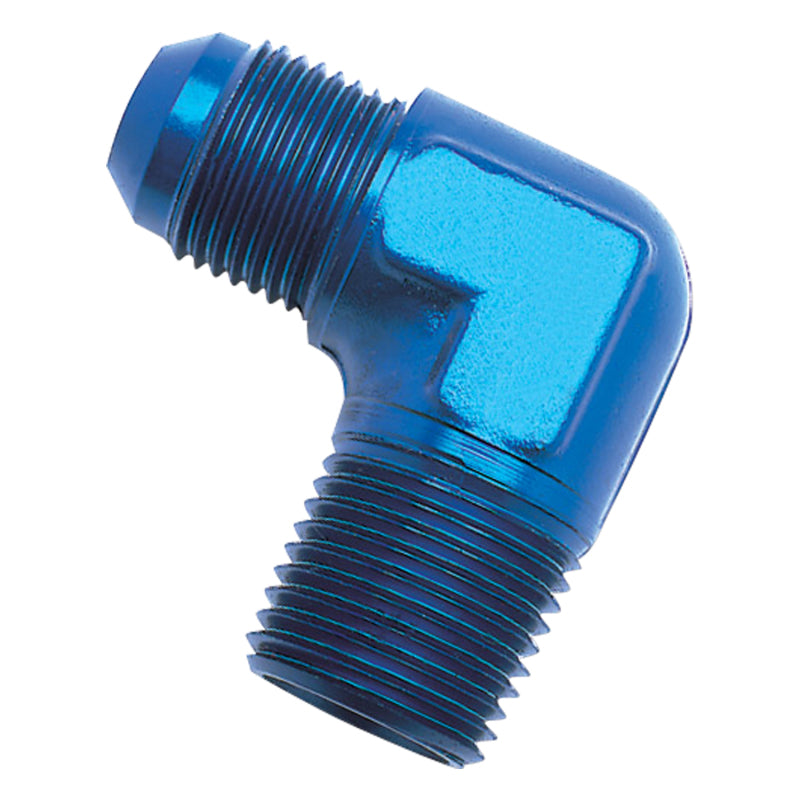 Russell Performance blue -6 AN to 1/8 inch NPT 90-degree flare to pipe adapter fitting showing the blue anodized finish.