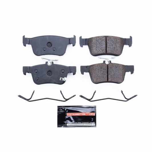 PowerStop rear track day brake pads for 2019 Acura RDX, racing brake pads with metal friction surface and mounting hardware.