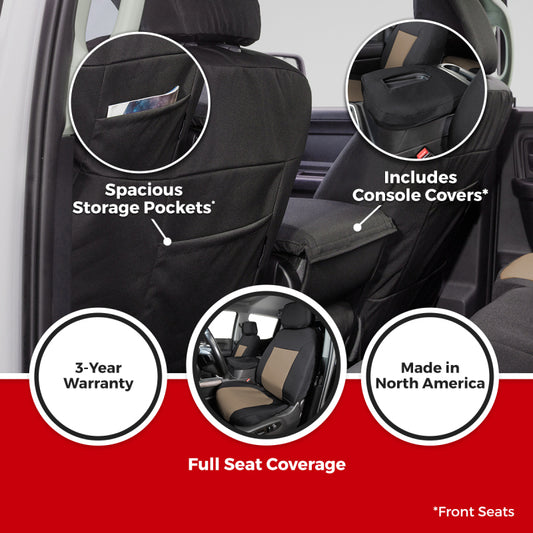 Covercraft Endura PrecisionFit custom second row seat covers for 2021-2024 Ford Bronco in charcoal and silver fabric.
