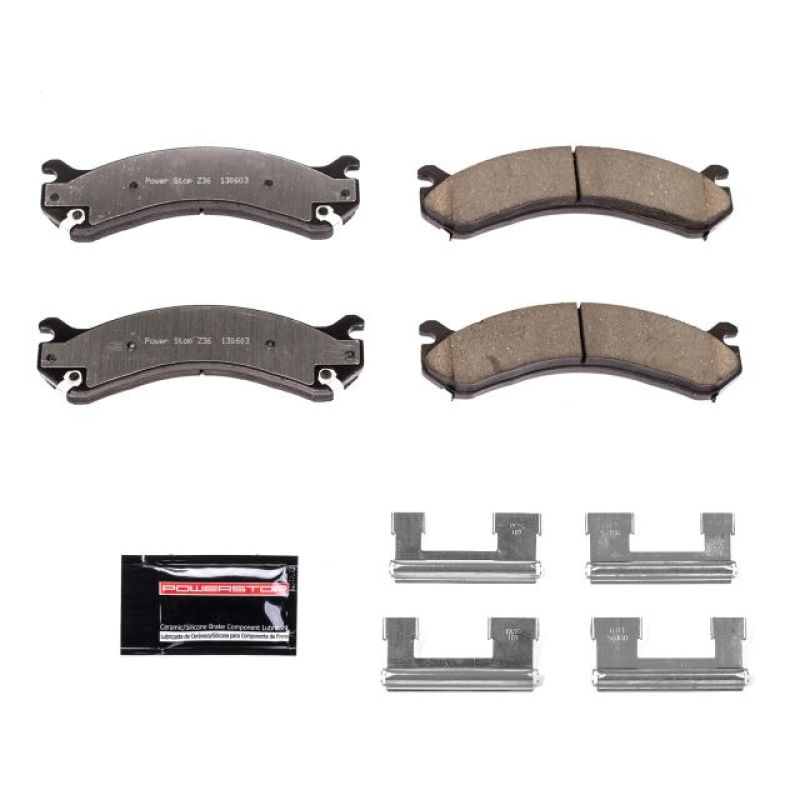 PowerStop rear Z36 performance brake pads with hardware for Chevrolet Silverado 3500 trucks from 2001 to 2006.