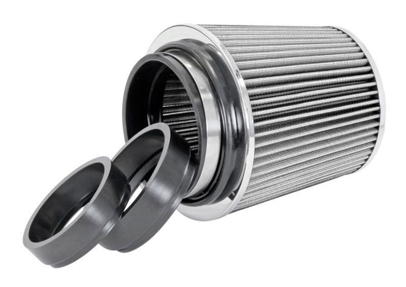 Spectre white adjustable conical air filter, 5-1/2 inches tall, fitting 3 to 4-inch tubes, universal fit for automotive air intake systems.