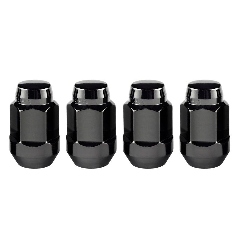Black McGard hex lug nuts, cone seat bulge style, 1/2-20 thread, 3/4 inch hex, 1.45-inch length, in a 4-pack.