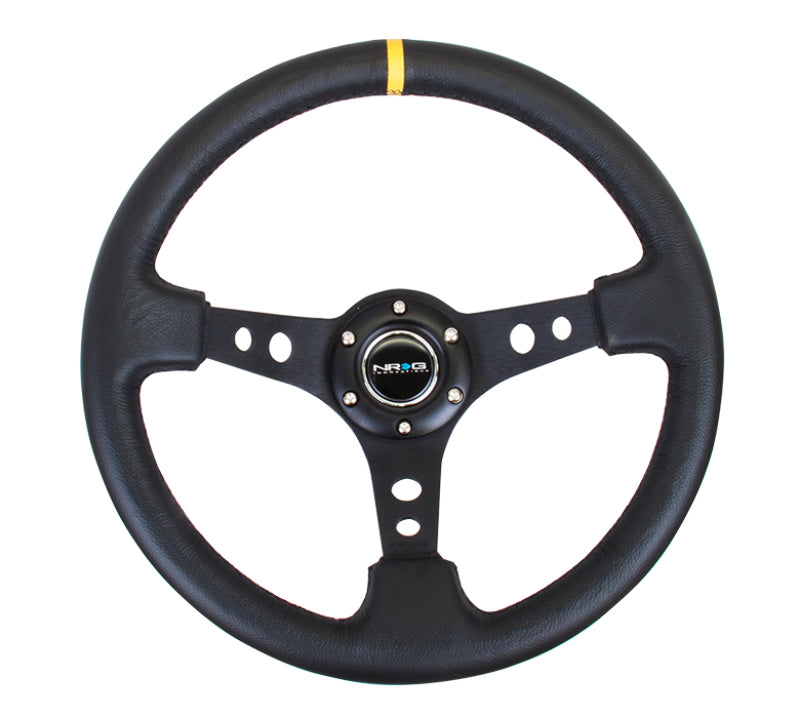 NRG reinforced 350mm black leather steering wheel with cutout spoke and yellow center mark, racing-style car steering wheel.