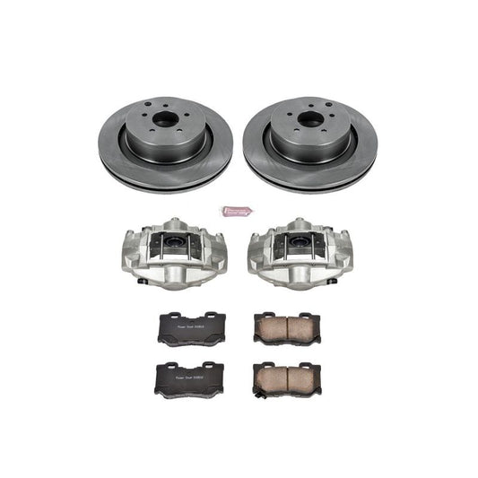 PowerStop OE rear brake kit with calipers for Infiniti FX50 2009-2013, includes brake rotors and hardware.