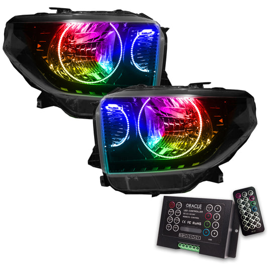 Oracle Lighting Toyota Tundra 14-17 SMD Headlights with Dual Halo Kit and ColorSHIFT 2.0 Controller, featuring modern LED accents.