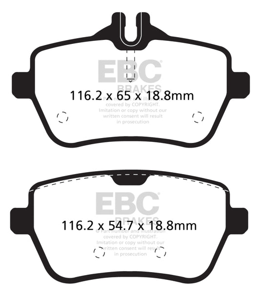 EBC 14+ Mercedes-Benz S550 4.7 Twin Turbo Redstuff rear performance brake pads installed on the vehicle.