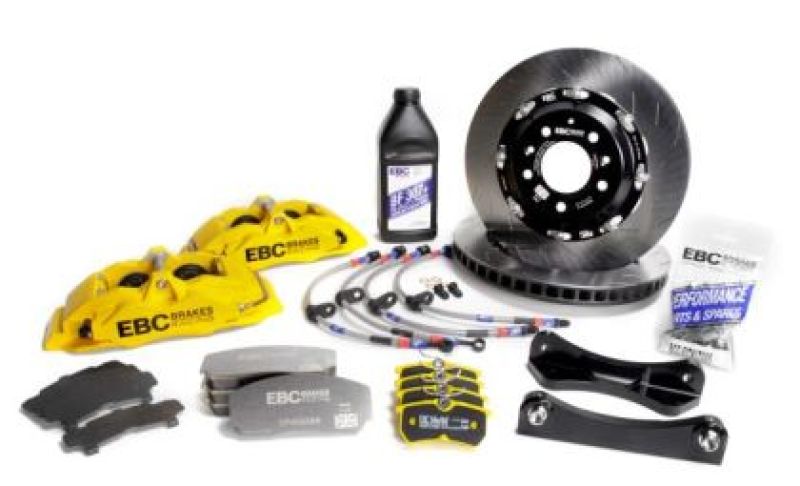 EBC Racing yellow Apollo-4 front brake calipers with 355mm rotors for Mazda RX-8 in a big brake kit setup
