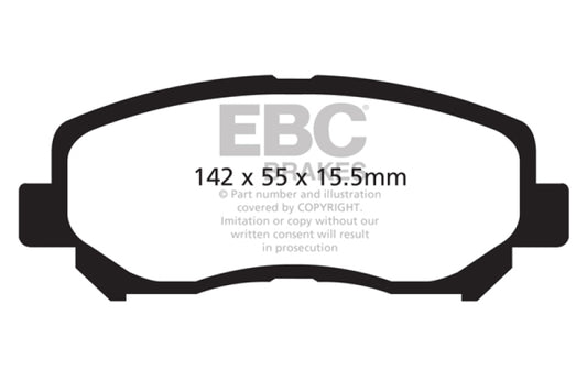 EBC 12+ Mazda CX-5 2 Redstuff front brake pads for high-performance braking, shown in black with red friction material.
