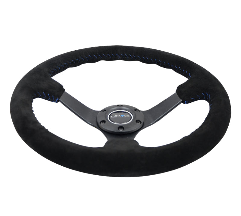 NRG reinforced steering wheel, 350mm black suede with blue basketball stitch, 5mm matte black spokes, deep 3-inch design