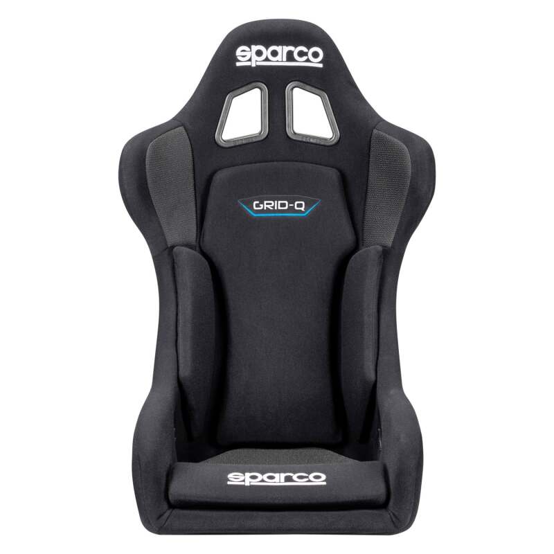 Black Sparco Seat Grid QRT race seat with racing harness slots and supportive design for motorsport driving.