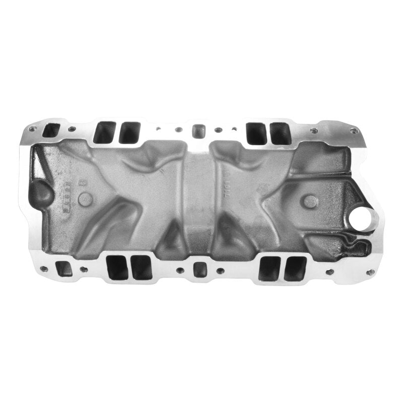 Edelbrock Chevy SB Performer RPM intake manifold with black plasma finish, showcases the sleek, high-performance engine component.