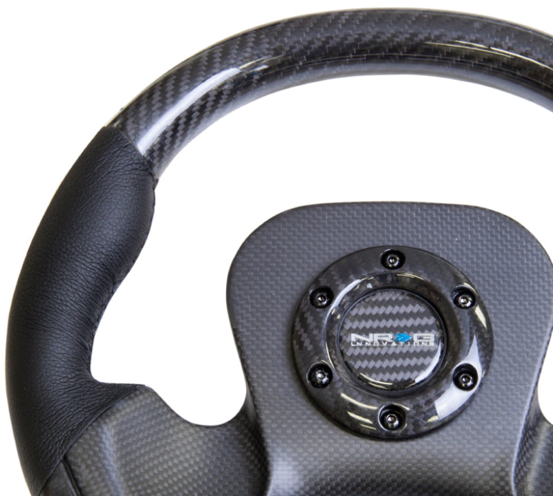 NRG carbon fiber steering wheel with 320mm diameter, CF center plate, and two-tone carbon and leather trim handles.