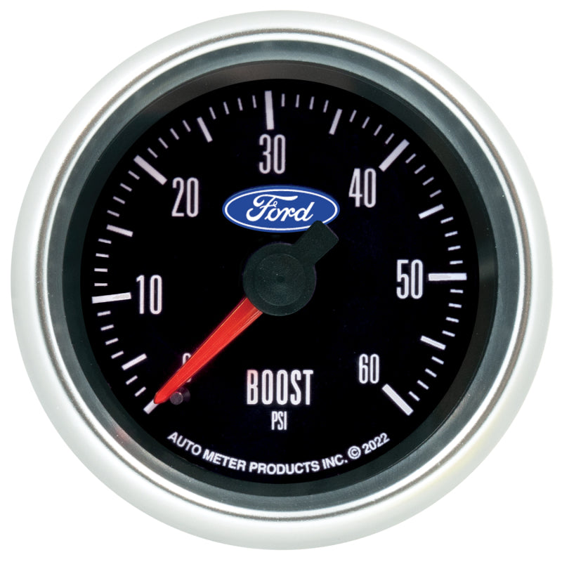 AutoMeter 52.4mm mechanical boost gauge showing 60 PSI, featuring a clear dial with black background and white markings.