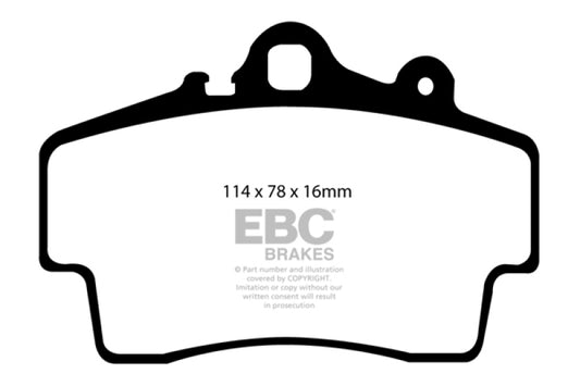 EBC 97-99 Porsche Boxster front performance brake pads with red-colored friction material, designed for cast iron rotors.
