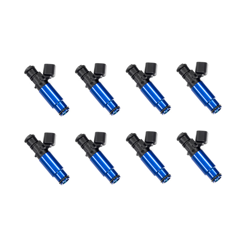 Set of 8 Injector Dynamics 1300cc high impedance fuel injectors with 60mm length and blue 14mm bottom tips.