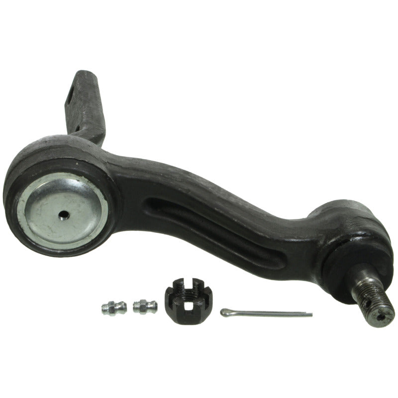 Moog 1992 Chevrolet Blazer idler arm, a control arm component, shown in close-up with metal mounting points and rubber bushings.