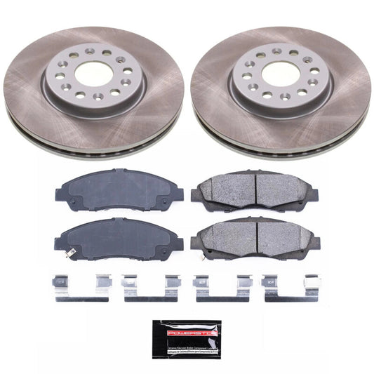PowerStop 17-20 GMC Acadia front semi-coated brake rotor kit with performance blank rotors and hardware, ready for installation.
