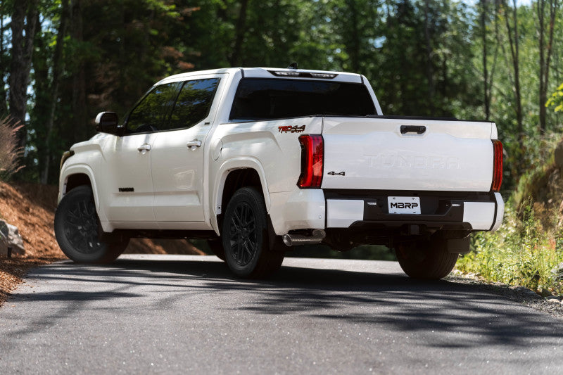 MBRP 2022 Toyota Tundra 3.5L dual cat-back exhaust with 4-inch single side exit rolled tip in aluminized steel.