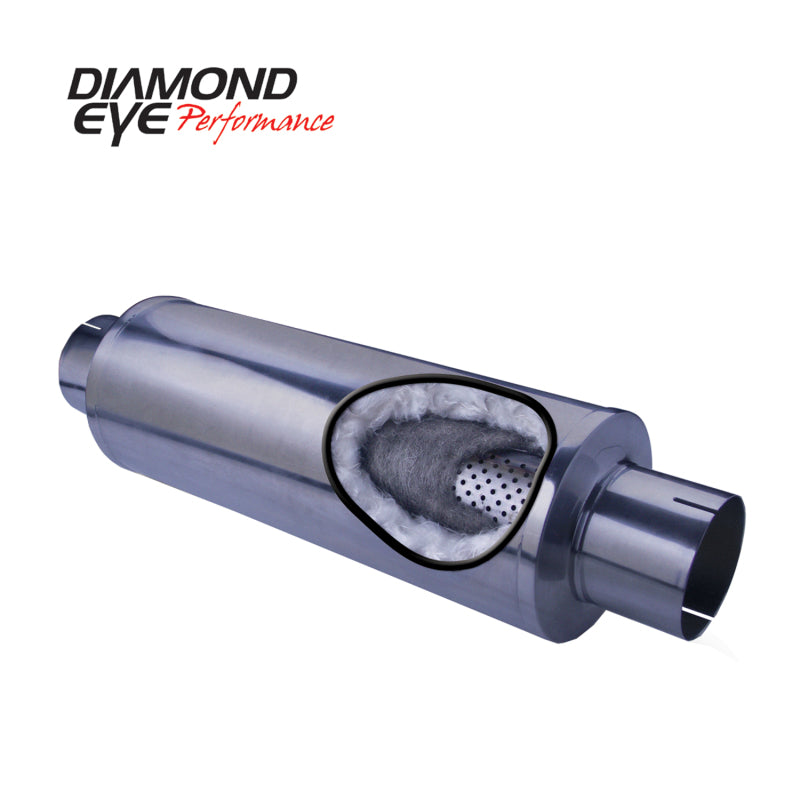 Diamond Eye Performance 4-inch inlet SGL IN/SGL OUT exhaust muffler with 7-inch diameter, 20-inch body, 27-inch length, and slotted ends.