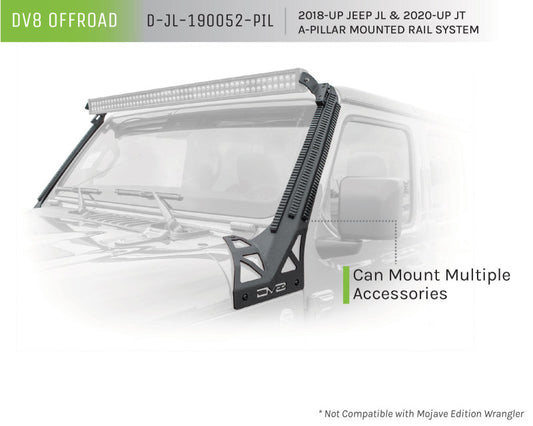 DV8 Offroad 2018+ JL/Gladiator Picatinny Rail A-Pillar Pod LED Light Mount showing the rugged metal construction and mounting hardware.