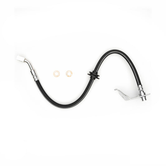 DFC Pontiac GTO front right brake hose from brake line kit, showing the flexible rubber brake line with metal fittings.