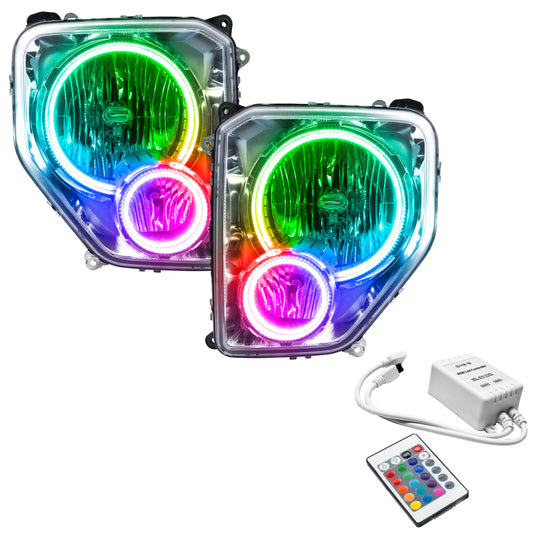 Oracle Lighting Jeep Liberty 2008-2012 ColorSHIFT LED headlights with simple controller, showcasing vibrant multi-color illumination.