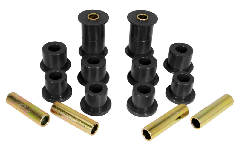 Prothane black front spring and shackle bushing kit for 1974-1977 Jeep Cherokee with 1.25-inch OD main eye, includes bushings and hardware.
