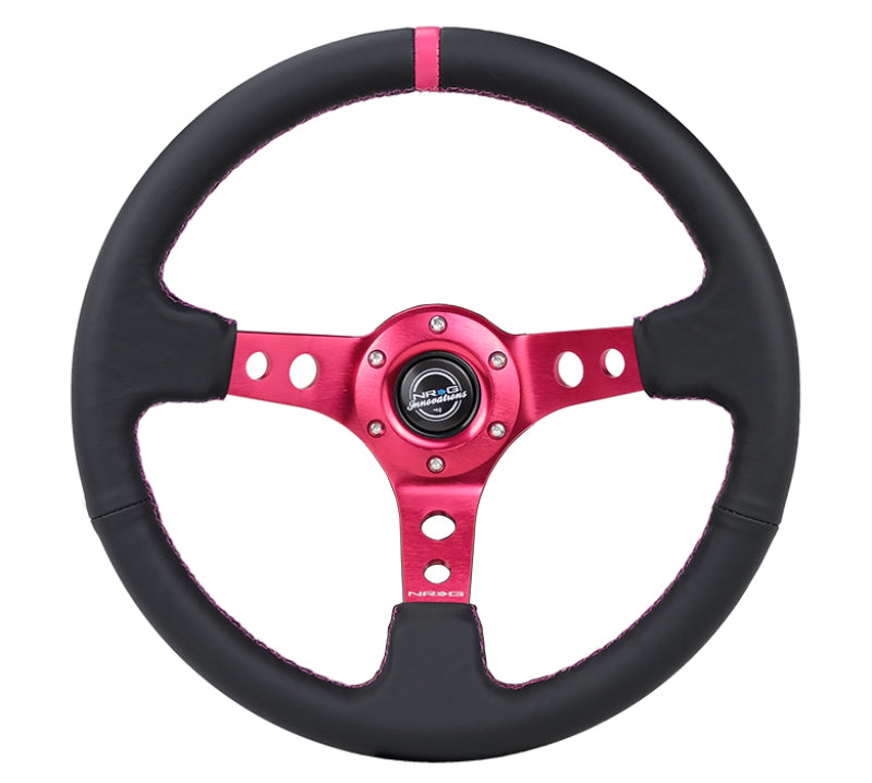 NRG black leather reinforced steering wheel, 350mm with fuchsia center mark and stitching, 3-inch deep racing steering wheel.