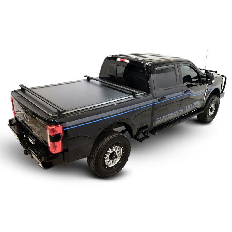 Westin 6.8ft black retractable tonneau cover for Ford F-250/F-350 SD trucks, electric operation, durable bed protection.