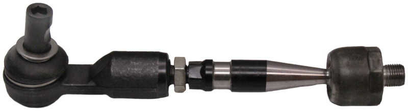 Moog Audi A6 1998-2002 complete tie rod assembly showing metal rod with rubber boots and joint connectors.