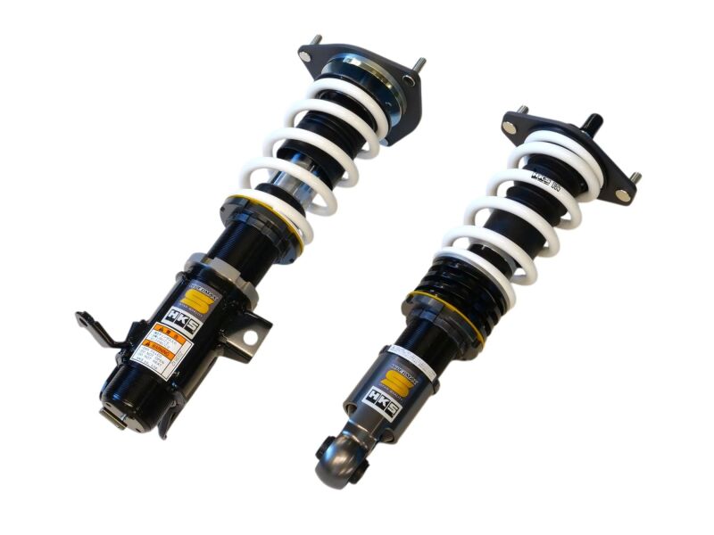 HKS Hipermax S ZD8 coilover kit installed on a Subaru BRZ, showing adjustable suspension components and sporty stance.
