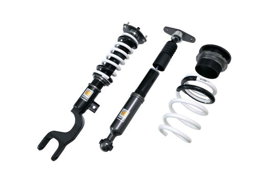 HKS Hipermax S coilover kit installed on a 2022+ Tesla Model Y AWD, showcasing the adjustable suspension components.