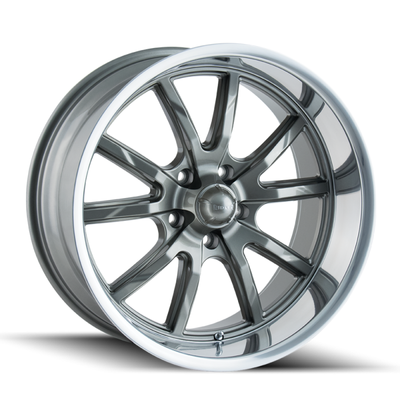 Ridler 650 17x8 cast wheel in gloss grey with polished finish, 5x120.65 bolt pattern, 0mm offset, 83.82mm hub.