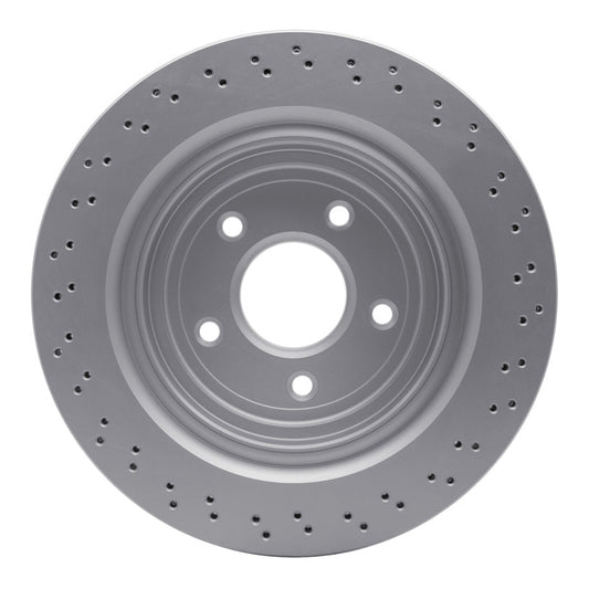 DFC Cadillac XLR rear drilled brake rotor with high-carbon alloy and Geomet coating, showcasing drilled holes and metallic finish.